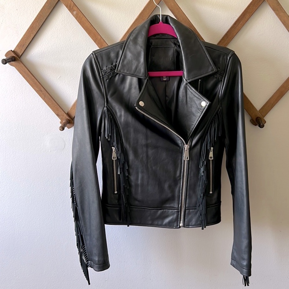 Amaryllis Leather Moto Jacket with Fringe, size S